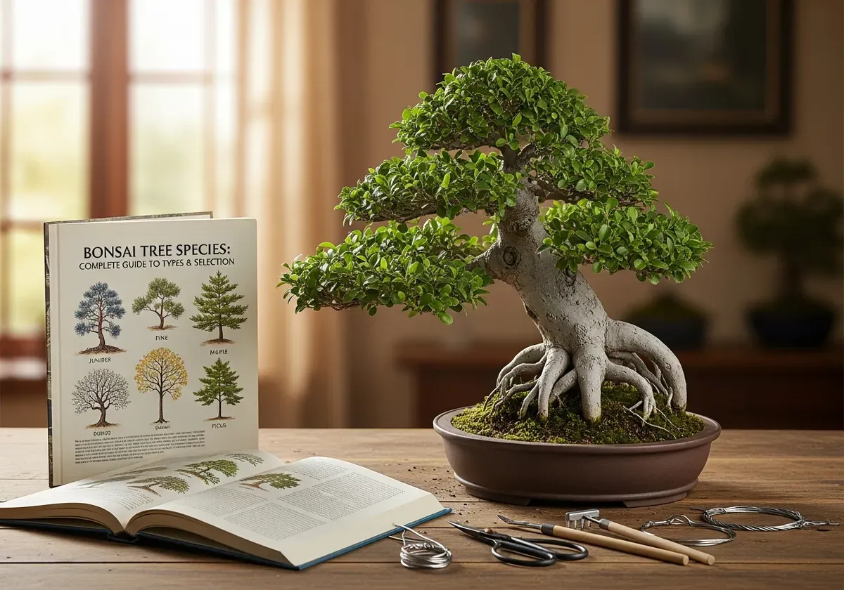 Close-up comparison of maple and oak bonsai leaves showing different sizes and shapes for species selection and proportionali