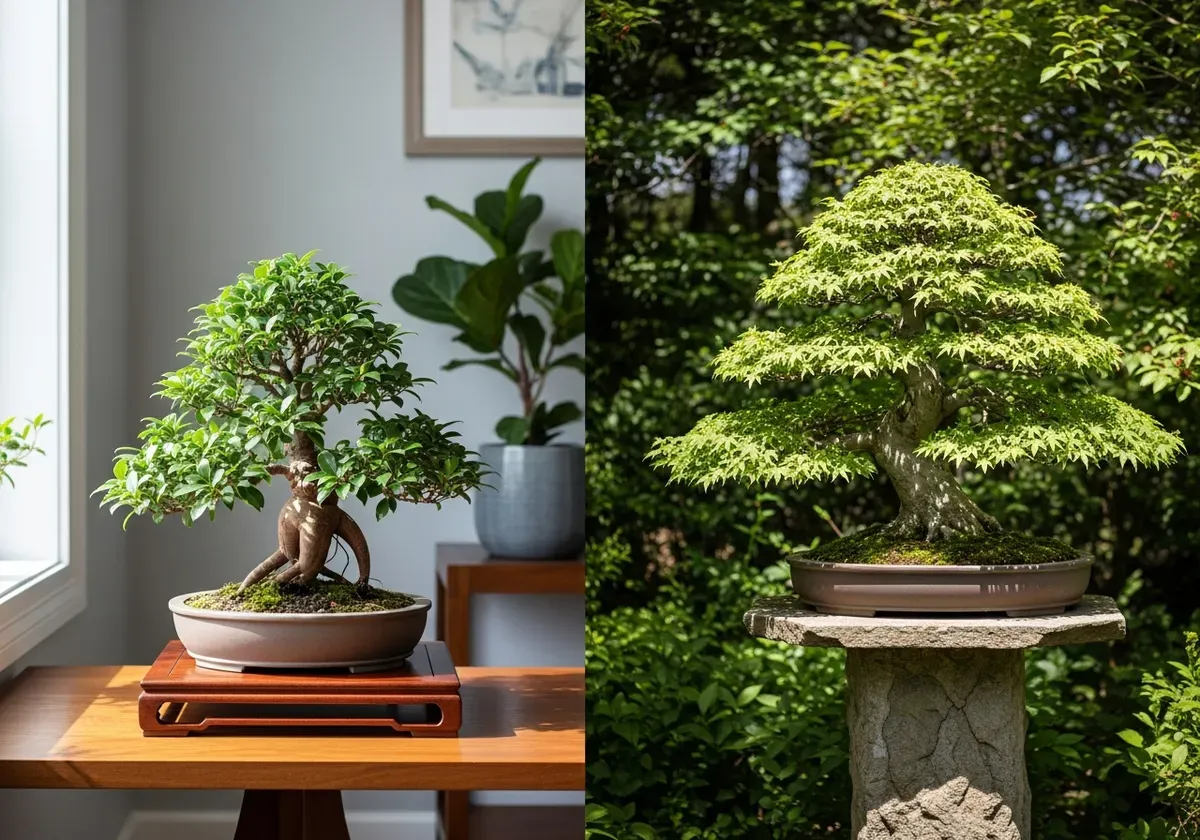 Thriving indoor Ficus bonsai tree on windowsill with bright indirect light, demonstrating ideal home environment conditions f