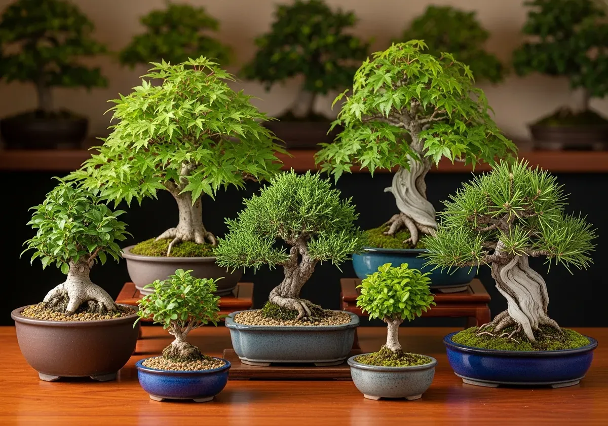 Outdoor bonsai garden with multiple tree species arranged on shelves in natural sunlight, showcasing diverse types and proper