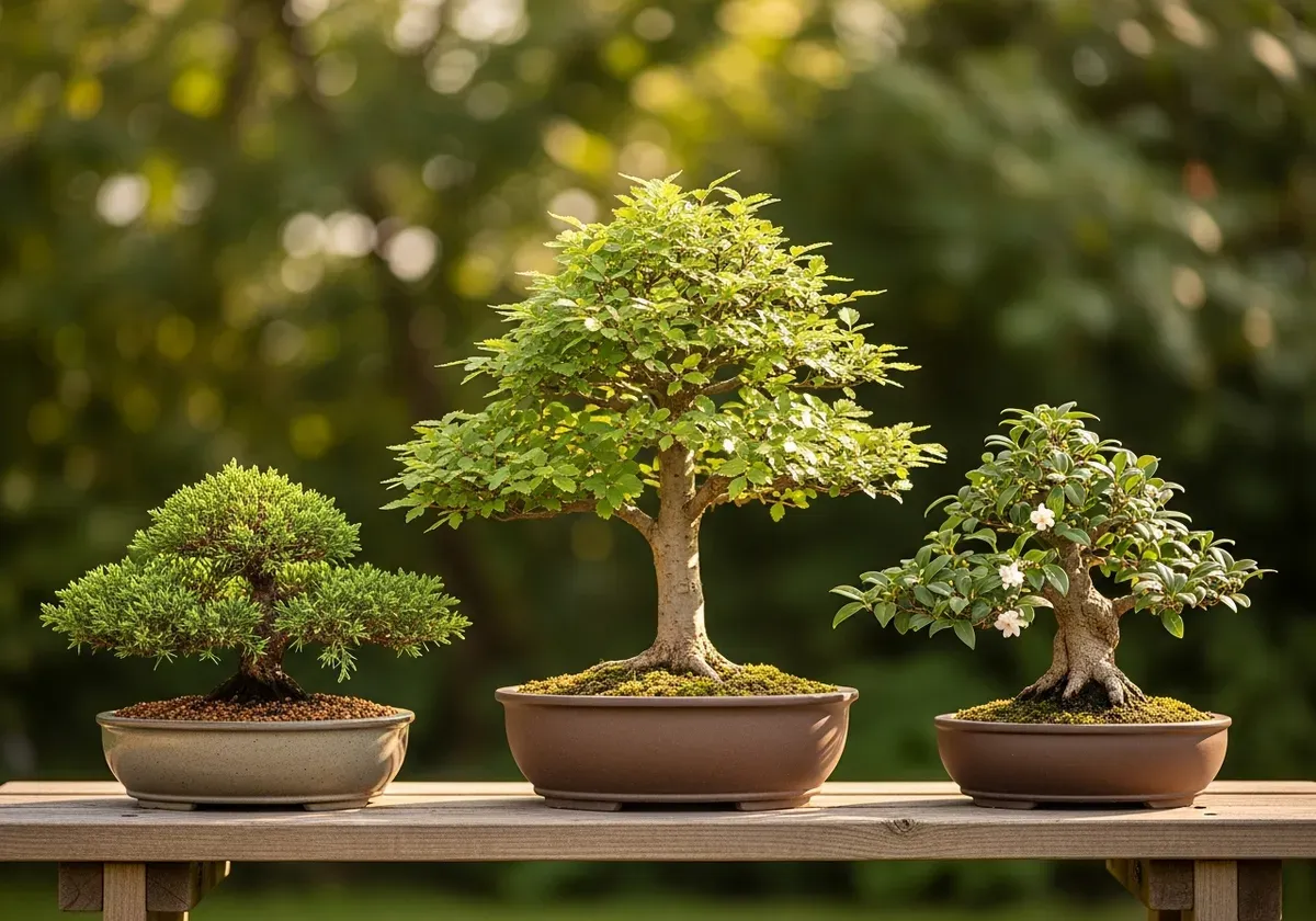 Juniper bonsai tree with fine needle foliage and elegant branching, displayed outdoors in natural sunlight on a patio table