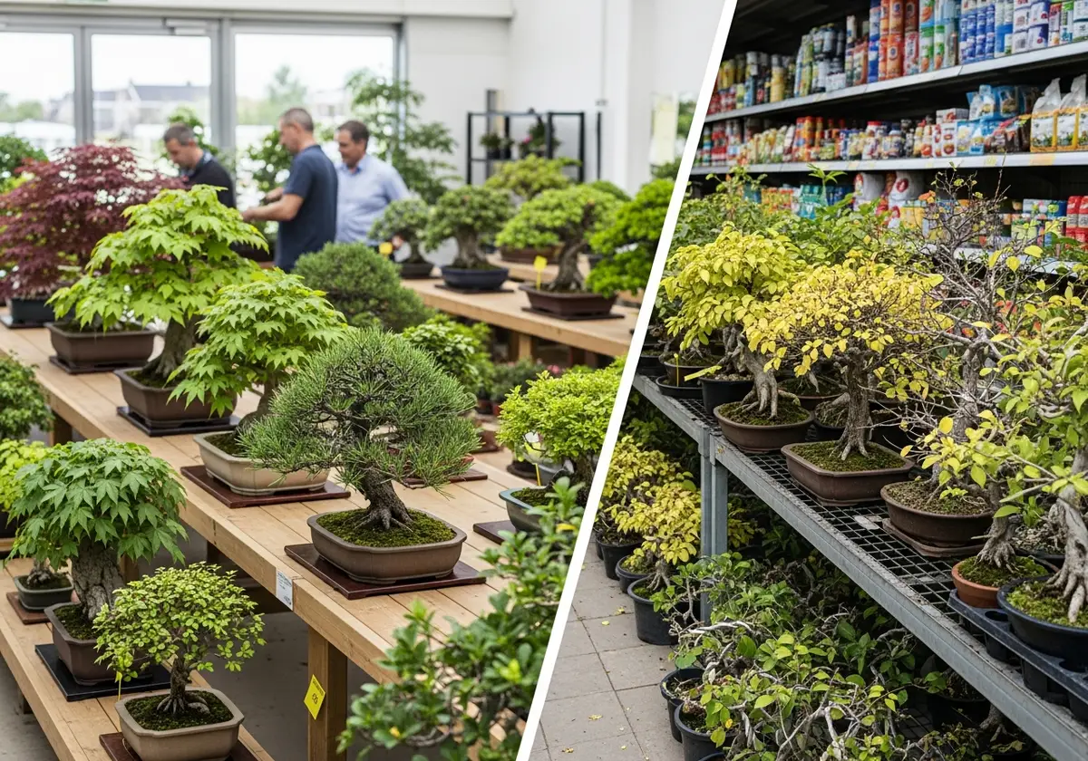 Staff member inspecting quality bonsai trees displayed on shelves in a specialized nursery shop, showing various stages of de