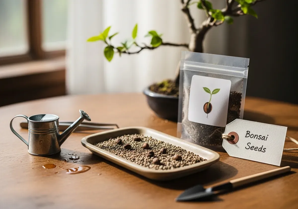 Young Japanese maple seedling with red-tinged foliage in training pot, ideal for bonsai growing from seed