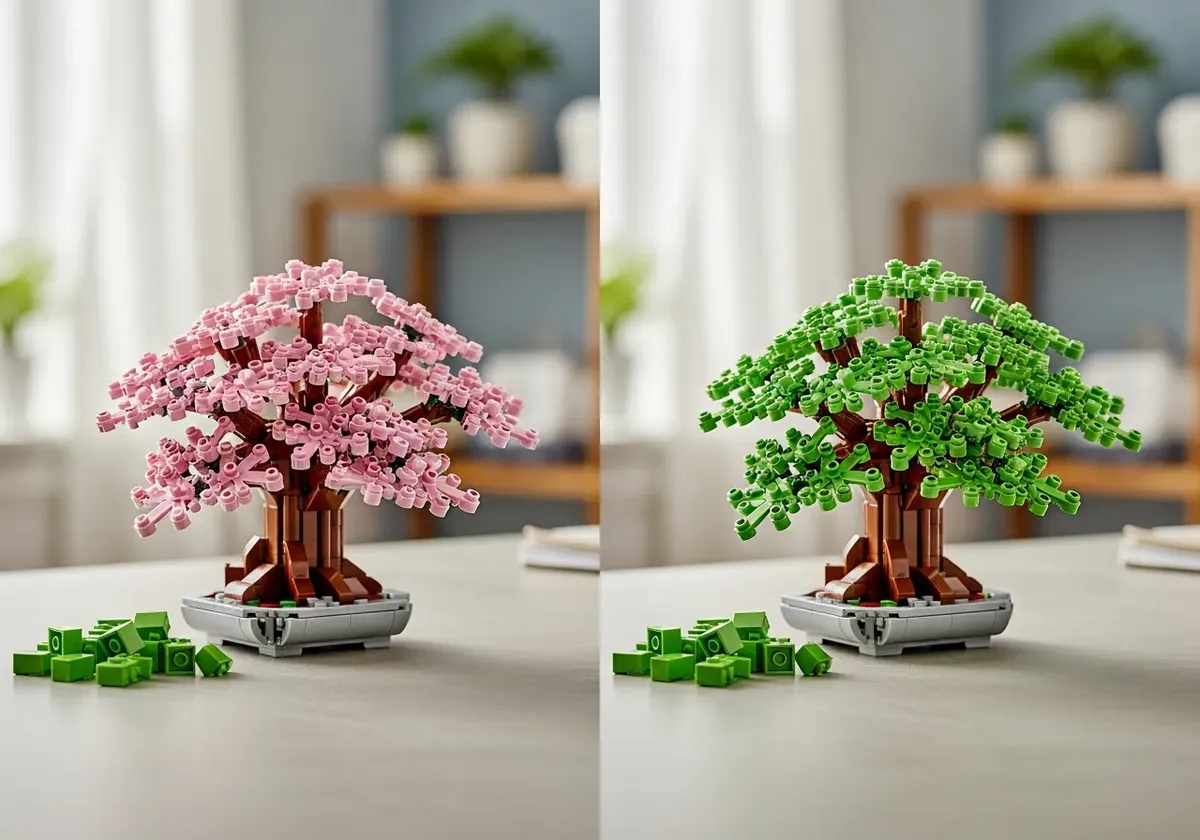 LEGO Bonsai Tree models in green foliage and pink cherry blossom versions displayed side-by-side on wooden stands