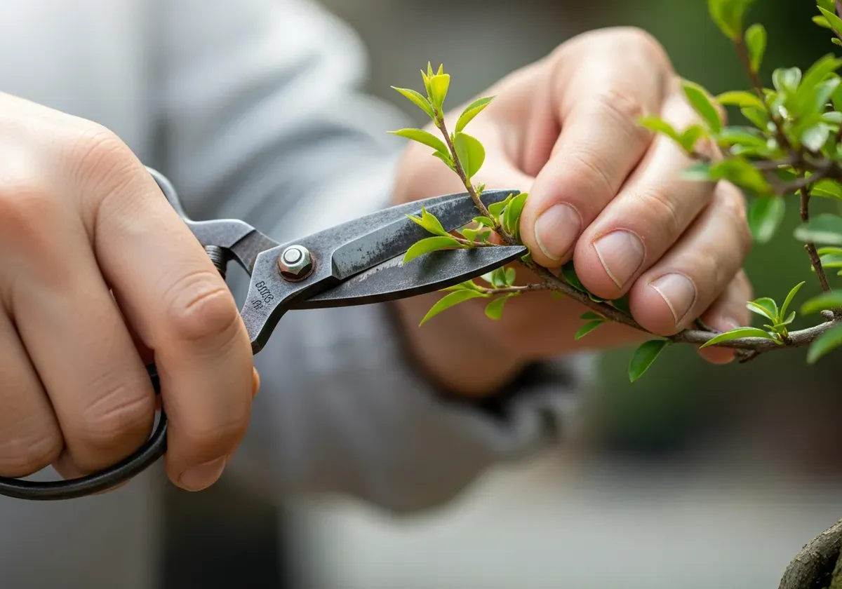 Hands carefully pruning bonsai tree branches with small shears, demonstrating essential maintenance technique for beginners