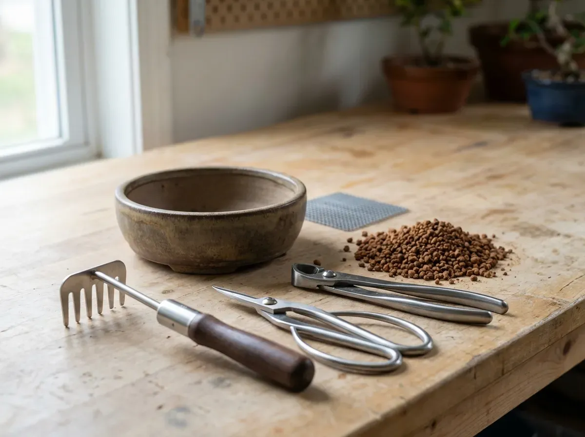 Overhead view of compacted bonsai soil with water pooling, showing poor drainage requiring repotting intervention