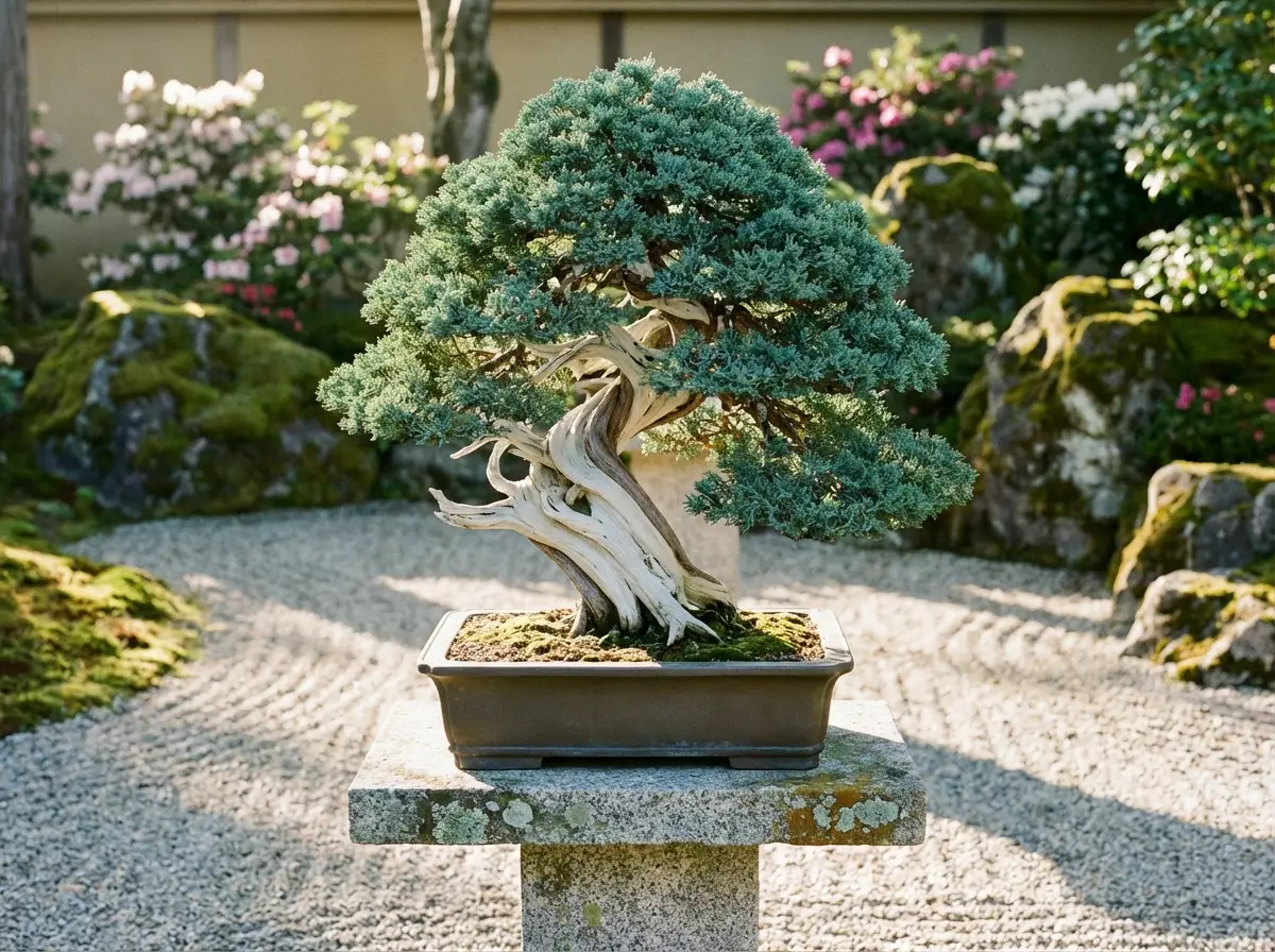 Outdoor juniper bonsai tree thriving in dappled sunlight within a garden setting, demonstrating ideal natural light condition