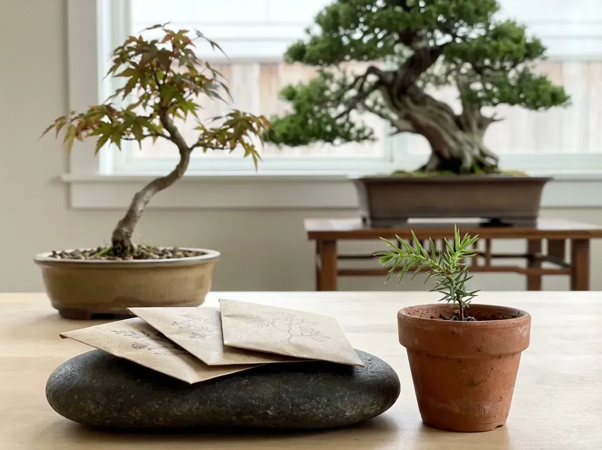 Labeled bonsai seed containers on refrigerator shelf during cold stratification with visible temperature gauge for growing fr