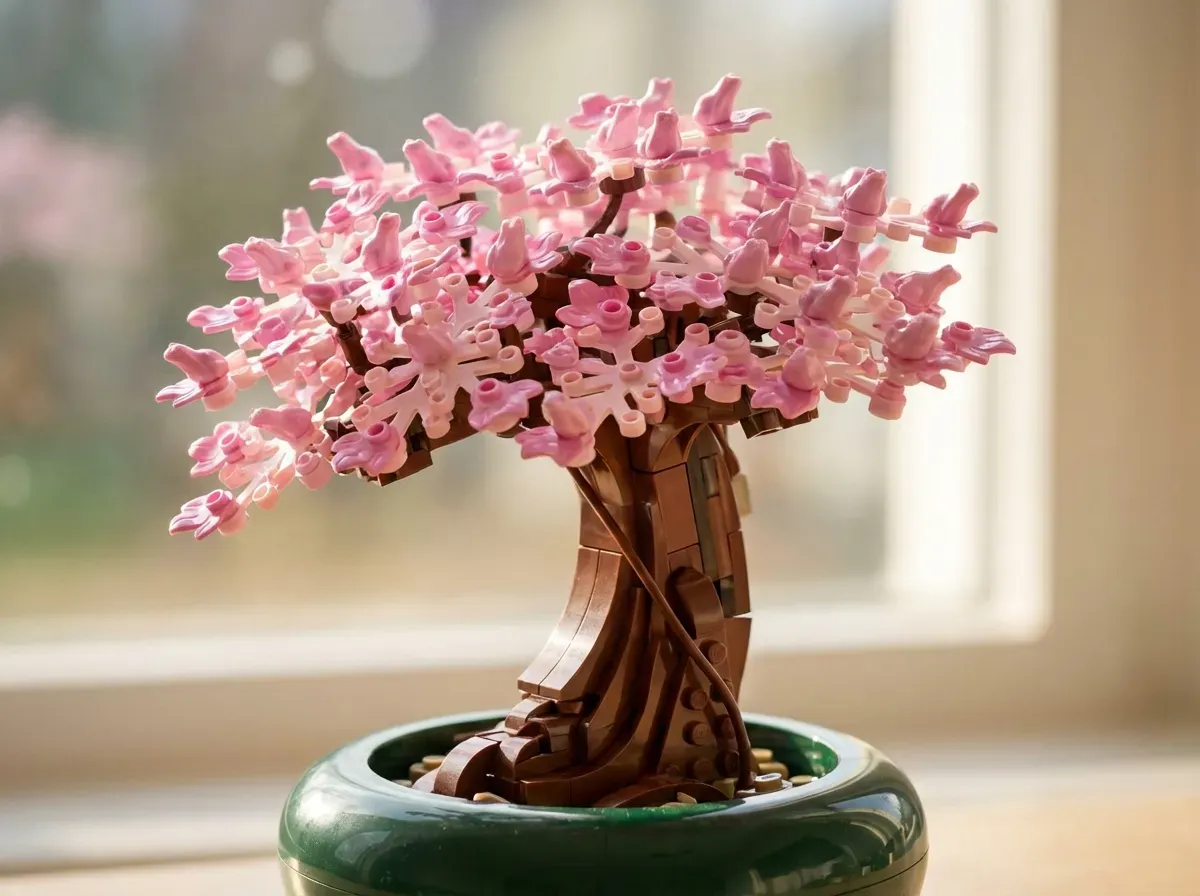 Three LEGO bonsai sets displayed together: original green Bonsai Tree 10281, Mini Bonsai Trees 10373 trio, and red autumn Jap