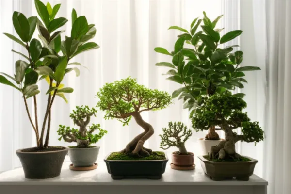 Indoor bonsai trees thriving on a sunlit windowsill with lush green foliage