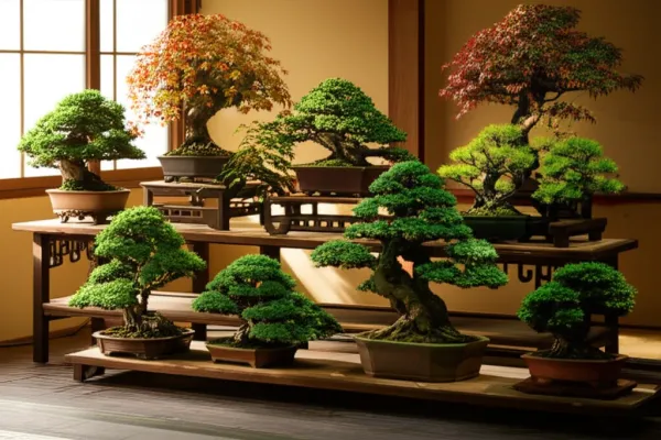 Diverse collection of bonsai tree species displayed on wooden shelves